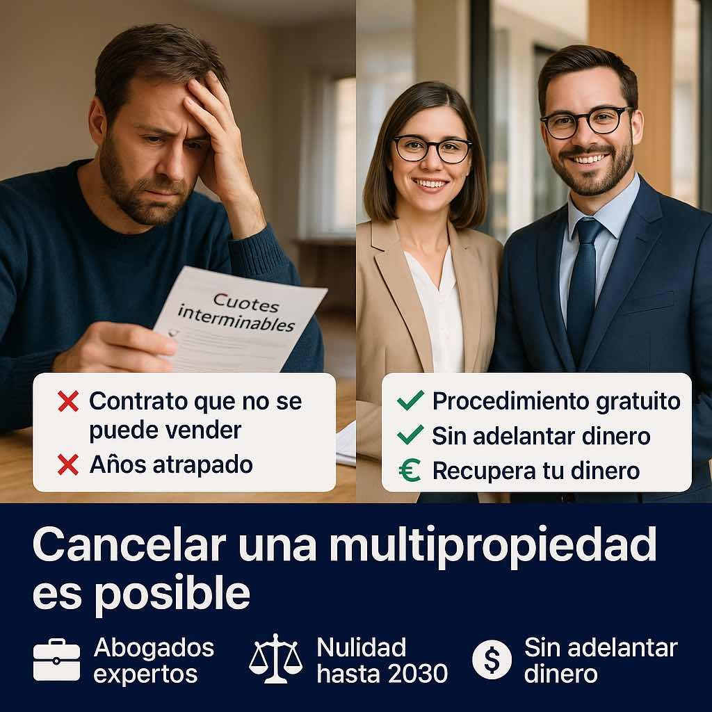 Hombre preocupado con una factura de cuotas interminables junto a dos abogados sonrientes; la imagen compara los problemas de la multipropiedad con la solución legal gratuita para cancelarla.